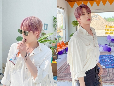BTSのJIN、アイスをガブリ！MV撮影オフショットで見せた“涼しげな表情”に視線集中【PHOTO】