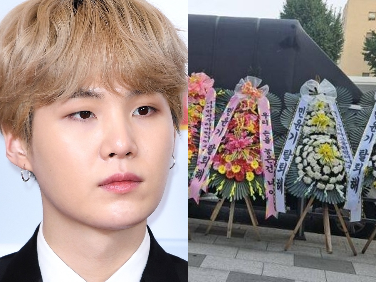 【写真】「脱退しろ！」BTSの事務所前に大量の“花輪”…飲酒運転のSUGAに対する非難の声、日増しに高まる