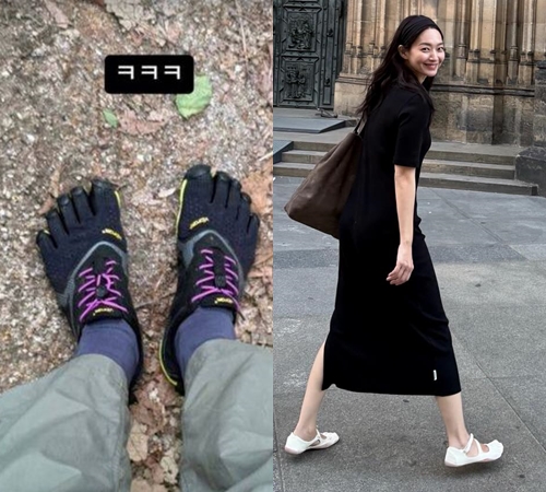 5本指シューズを披露したイ・ヒョリ（左）とシン・ミナ